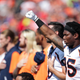 Virgil Green of the Denver Broncos raises his fist during the national anthem before an NFL game against the Buffalo Bills at New Era Field in Orchard Park, N.Y., on Sept. 24, 2017. (Brett Carlsen/Getty Images)